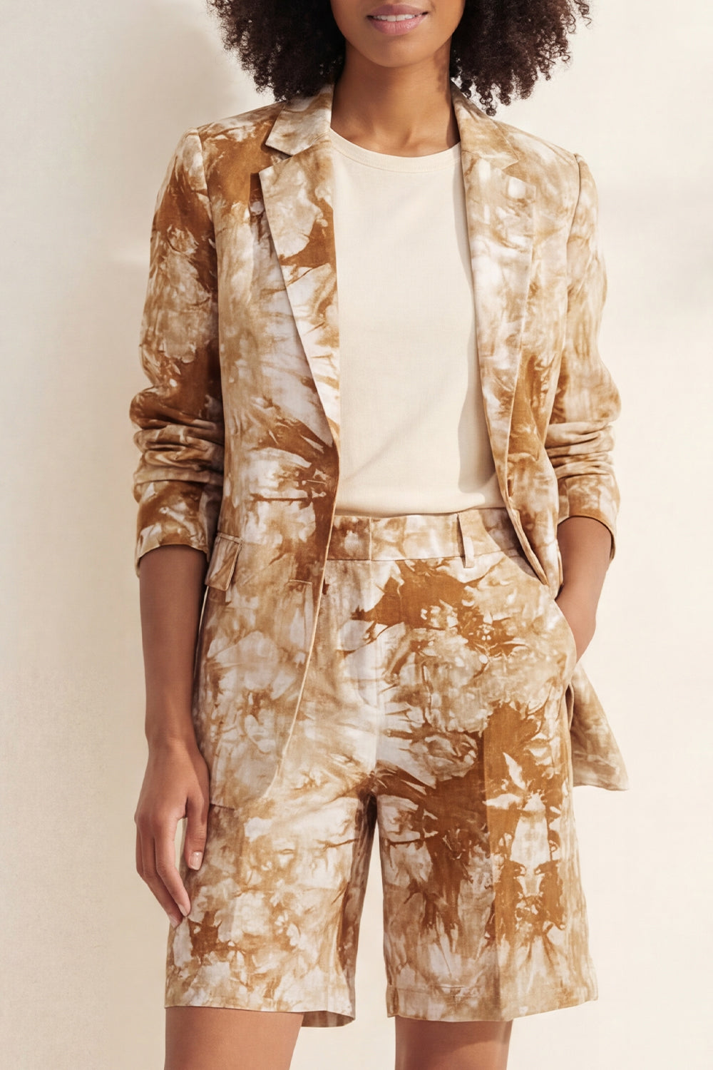 Notched Lapel Blue 2 Piece Printed Women's Linen Suits
