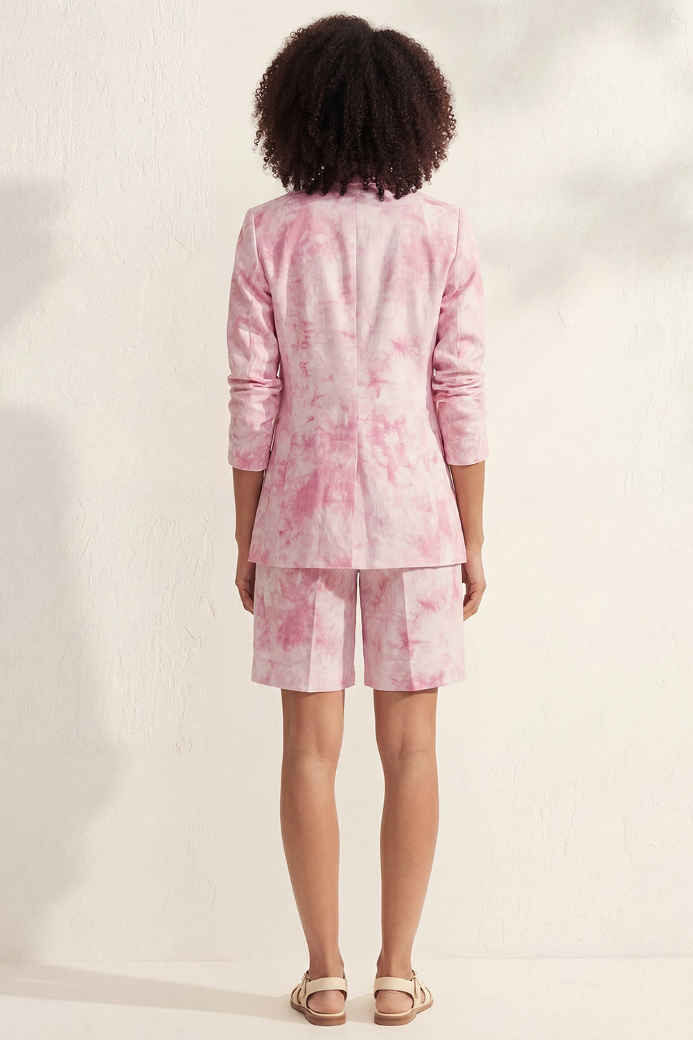 Notched Lapel Blue 2 Piece Printed Women's Linen Suits