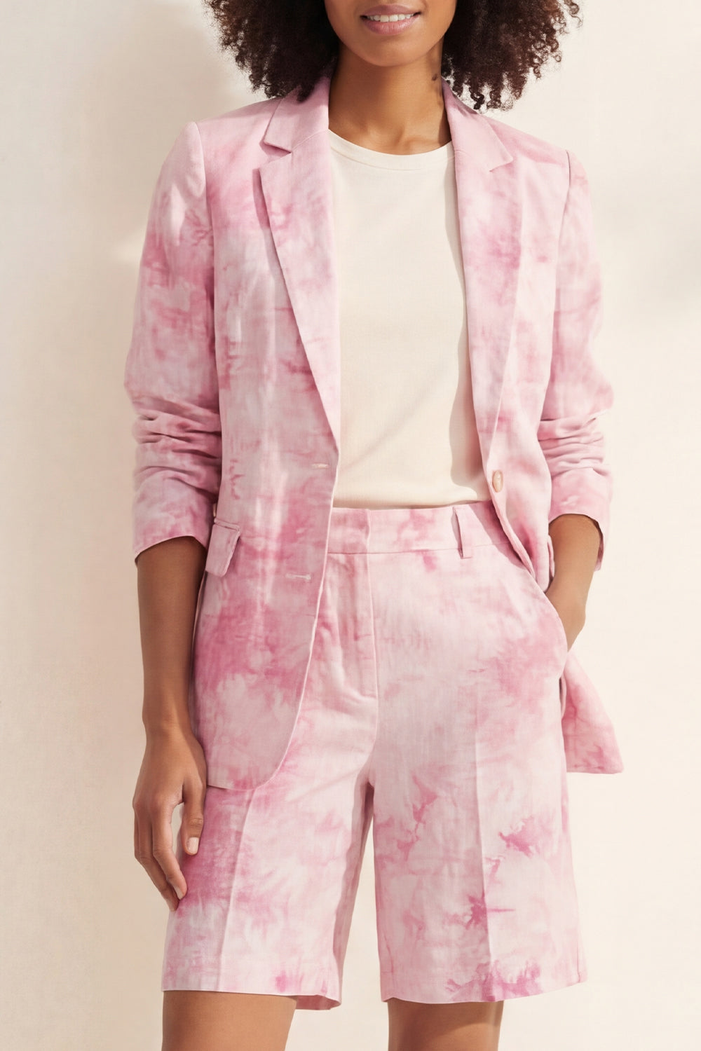 Notched Lapel Blue 2 Piece Printed Women's Linen Suits