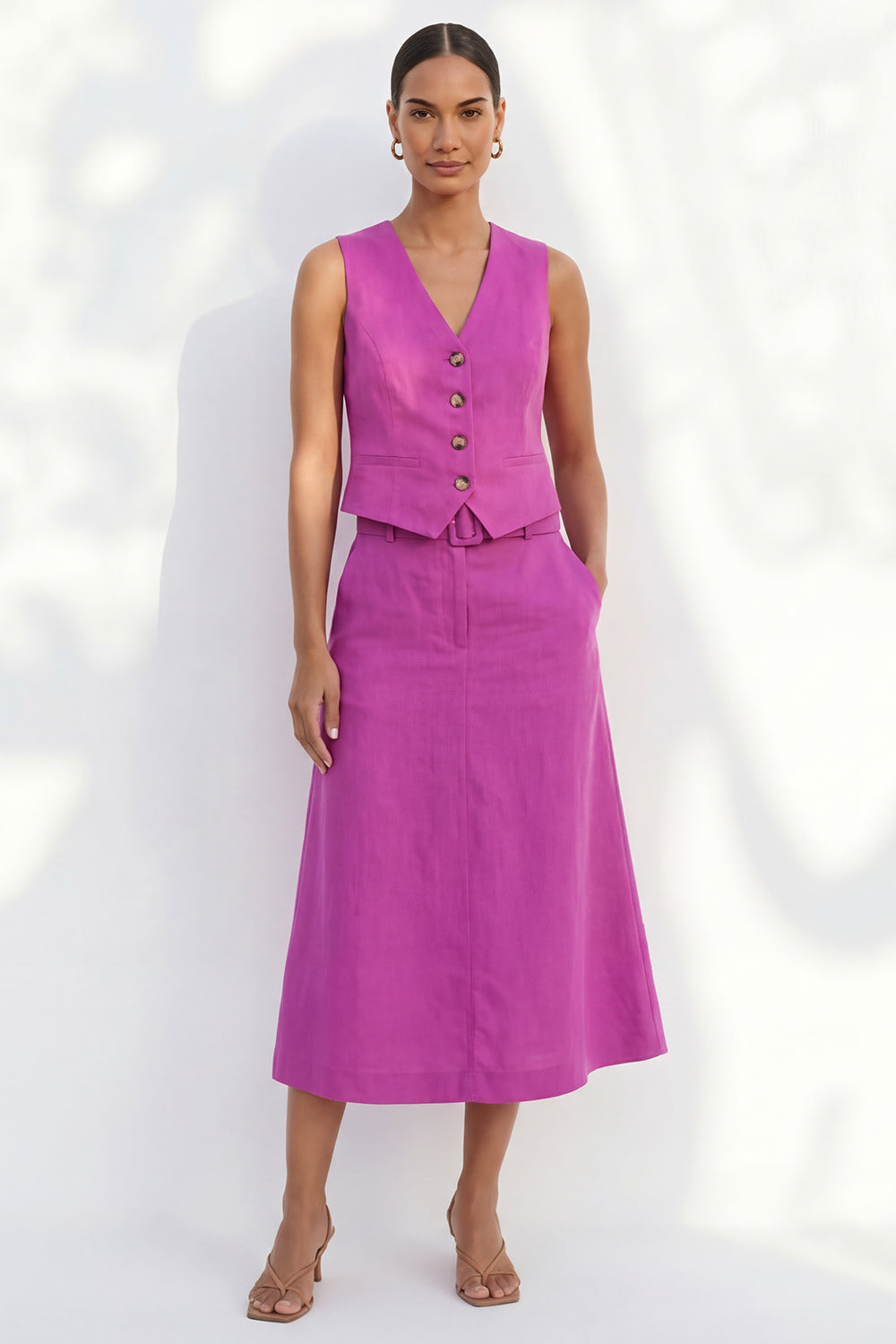 Fuchsia A Line 2 Piece Sleeveless Midi Work Dress with Belt