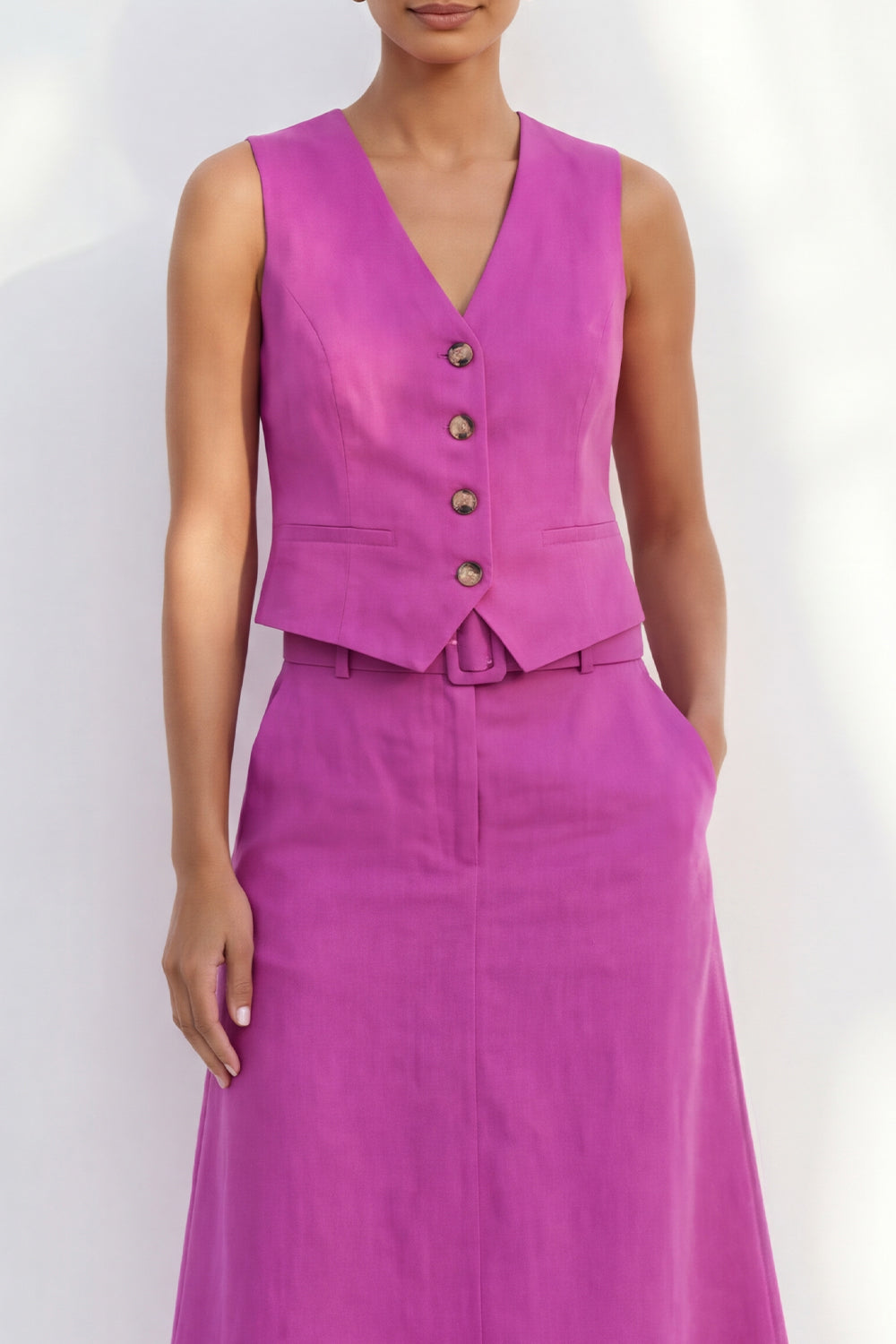 Fuchsia A Line 2 Piece Sleeveless Midi Work Dress with Belt