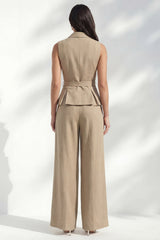 Khaki 2 Piece Notched Lapel Women's Linen Suits with Belt