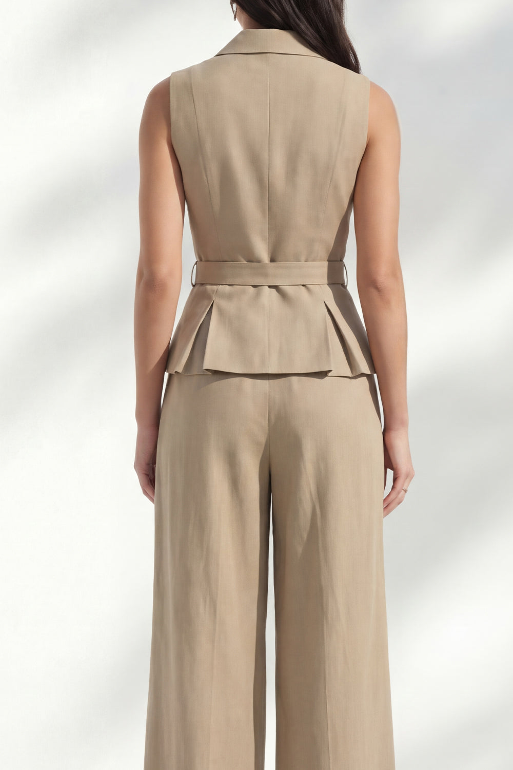 Khaki 2 Piece Notched Lapel Women's Linen Suits with Belt