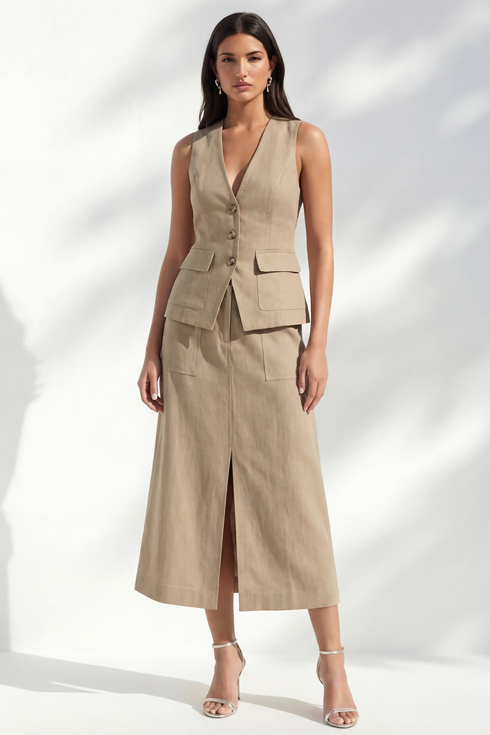 A Line khaki 2 Piece Sleeveless Midi Work Dress with Slit