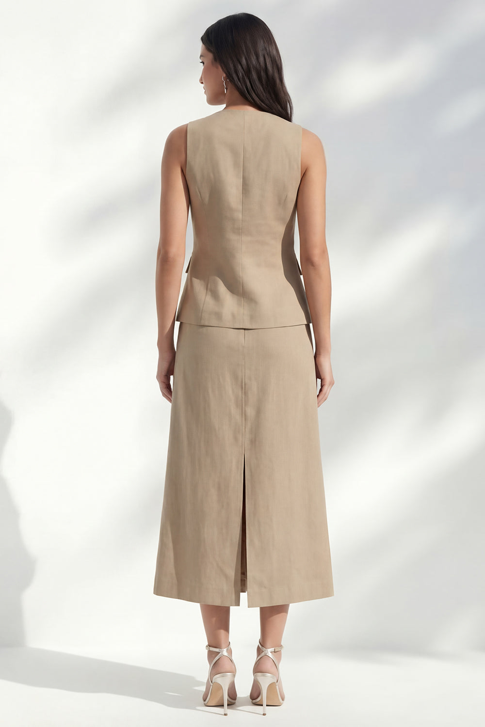 A Line khaki 2 Piece Sleeveless Midi Work Dress with Slit