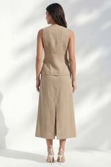 A Line khaki 2 Piece Sleeveless Midi Work Dress with Slit