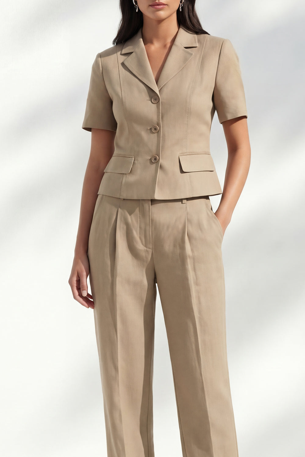 Notched Lapel Khaki 2 Piece Women's Linen Suits with Short Sleeves