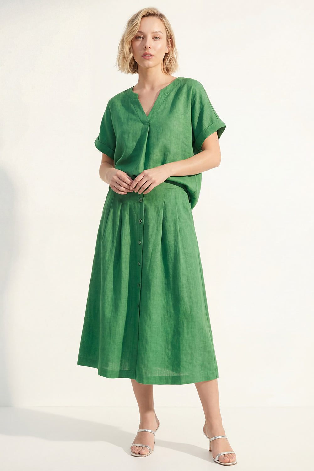 Green 2 Piece Short Sleeve A Line Midi Work Dress