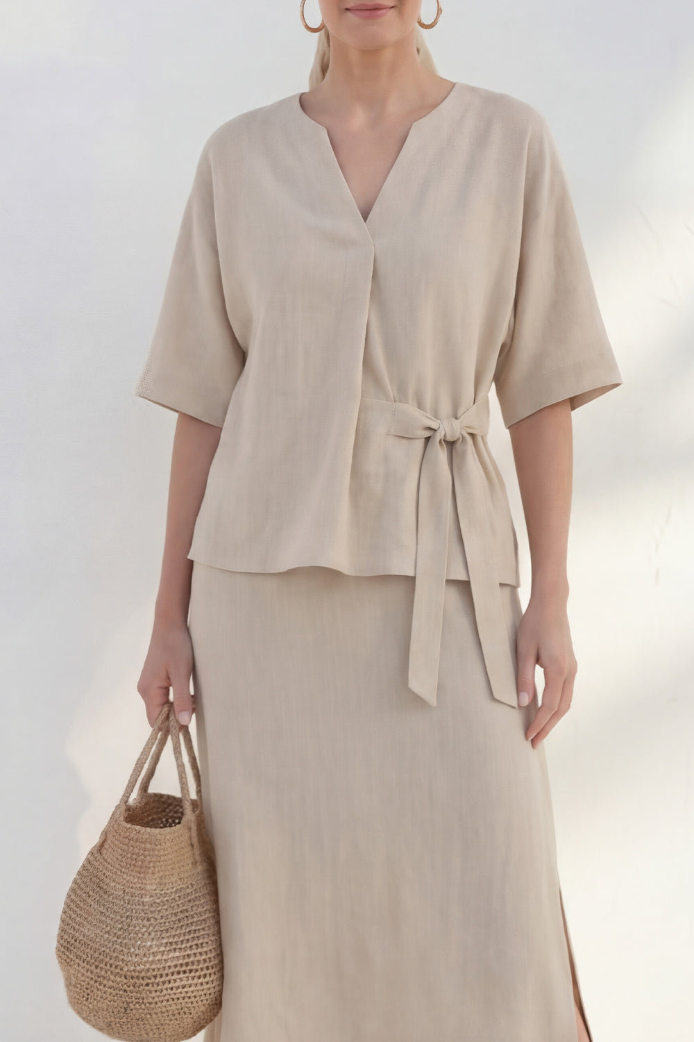 Khaki 2 Piece Half Sleeve A Line Midi Work Dress with Slit