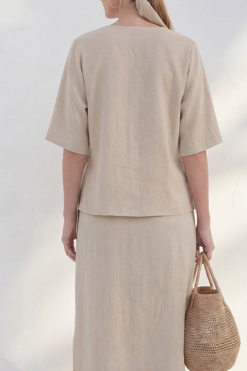 Khaki 2 Piece Half Sleeve A Line Midi Work Dress with Slit