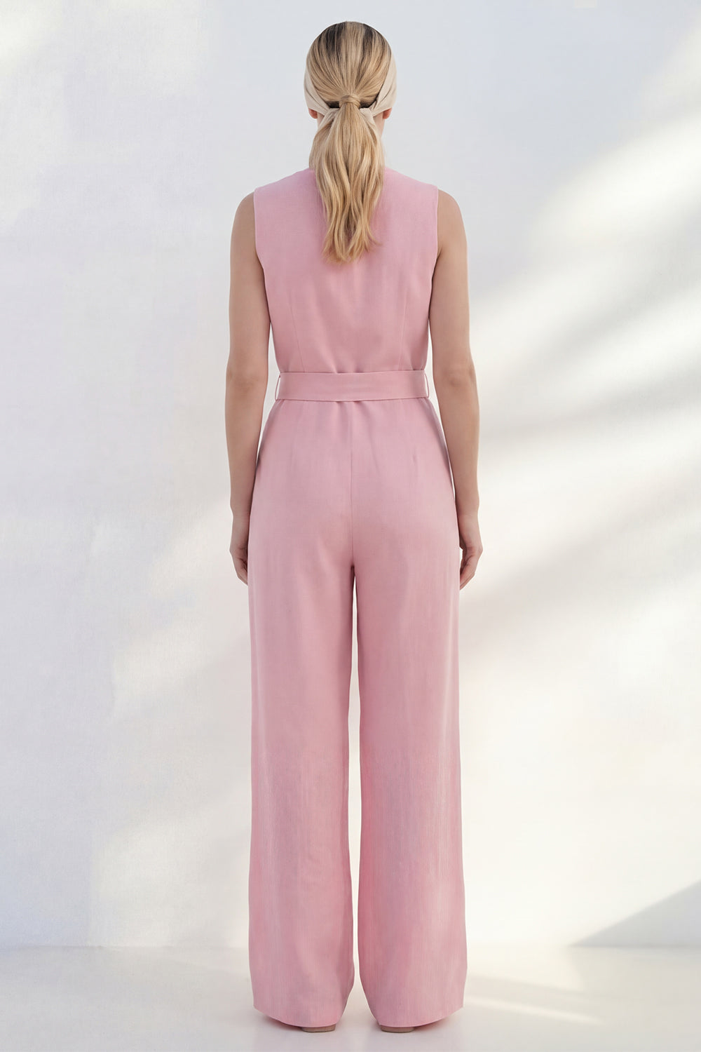 Sleeveless Pink Women's Linen Jumpsuits with Sash