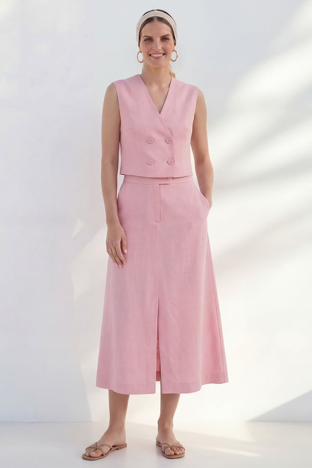 Pink 2 Piece A Line Midi Work Dress with Slit