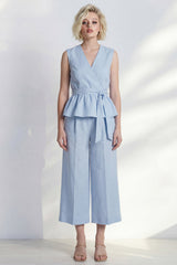 Light Blue 2 Piece Ruffled Women's Linen Suits with Sash
