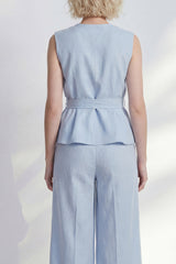 Light Blue 2 Piece Ruffled Women's Linen Suits with Sash