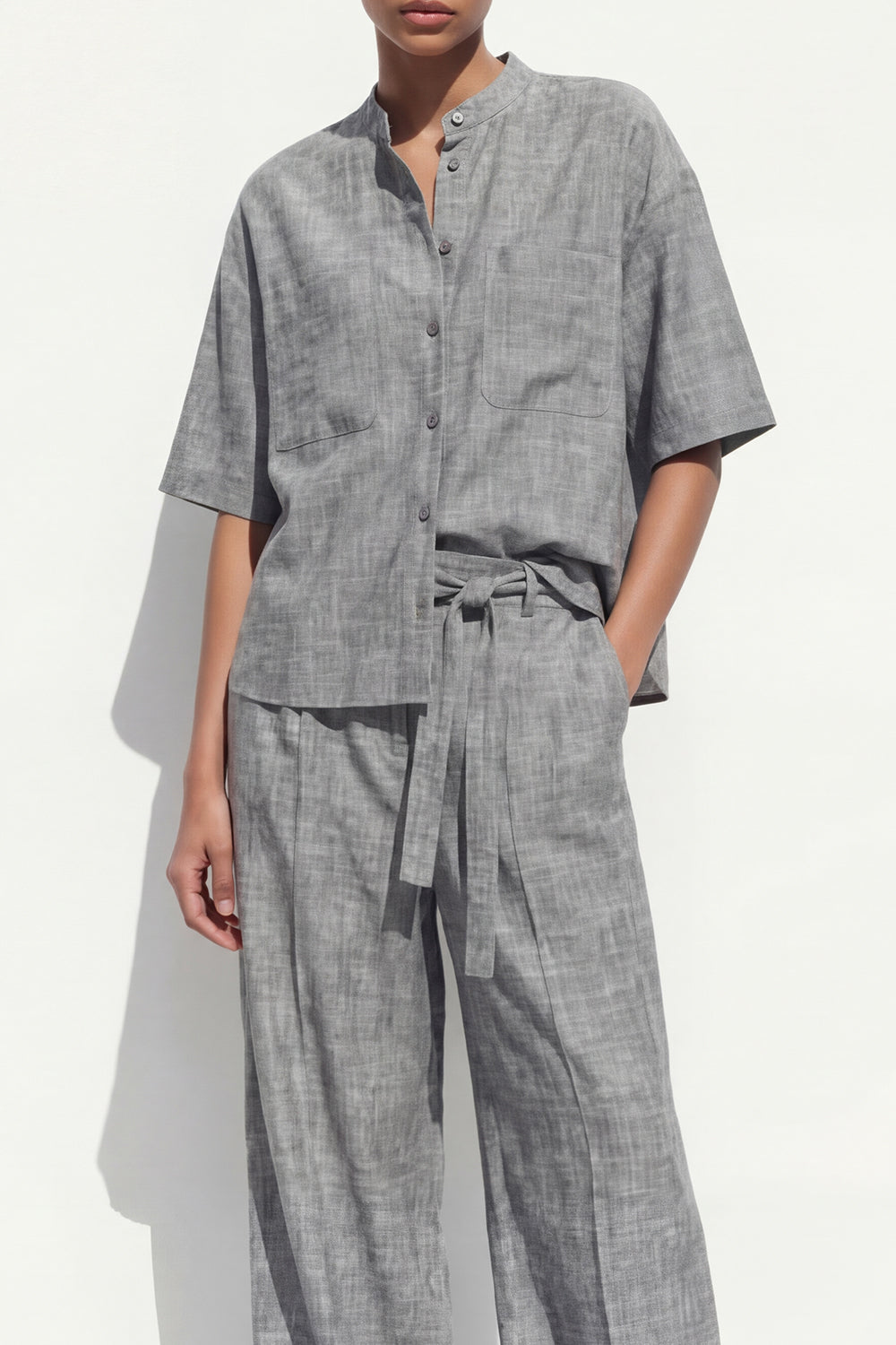 Grey 2 Piece Women's Linen Suits with Half Sleeves