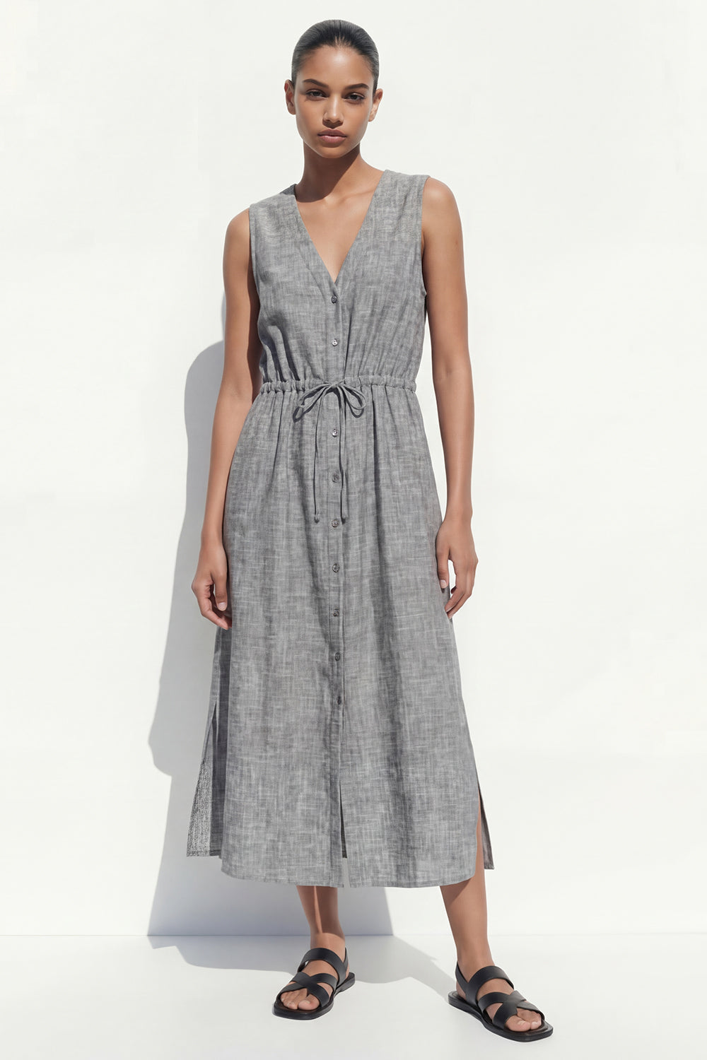 Grey A Line Sleeveless Midi Work Dress with Slit
