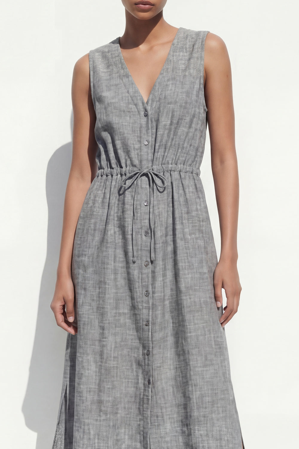 Grey A Line Sleeveless Midi Work Dress with Slit