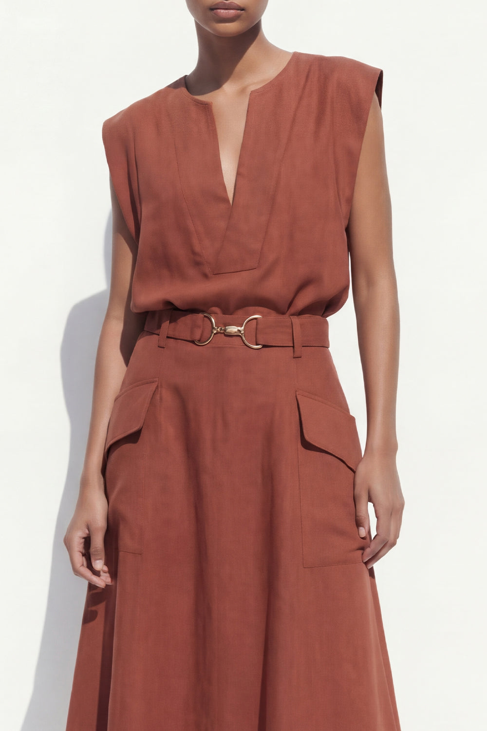 Caramel 2 Piece A Line Midi Work Dress with Belt