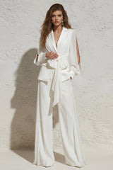 Notched Lapel White Ruched Women Suits with Bow