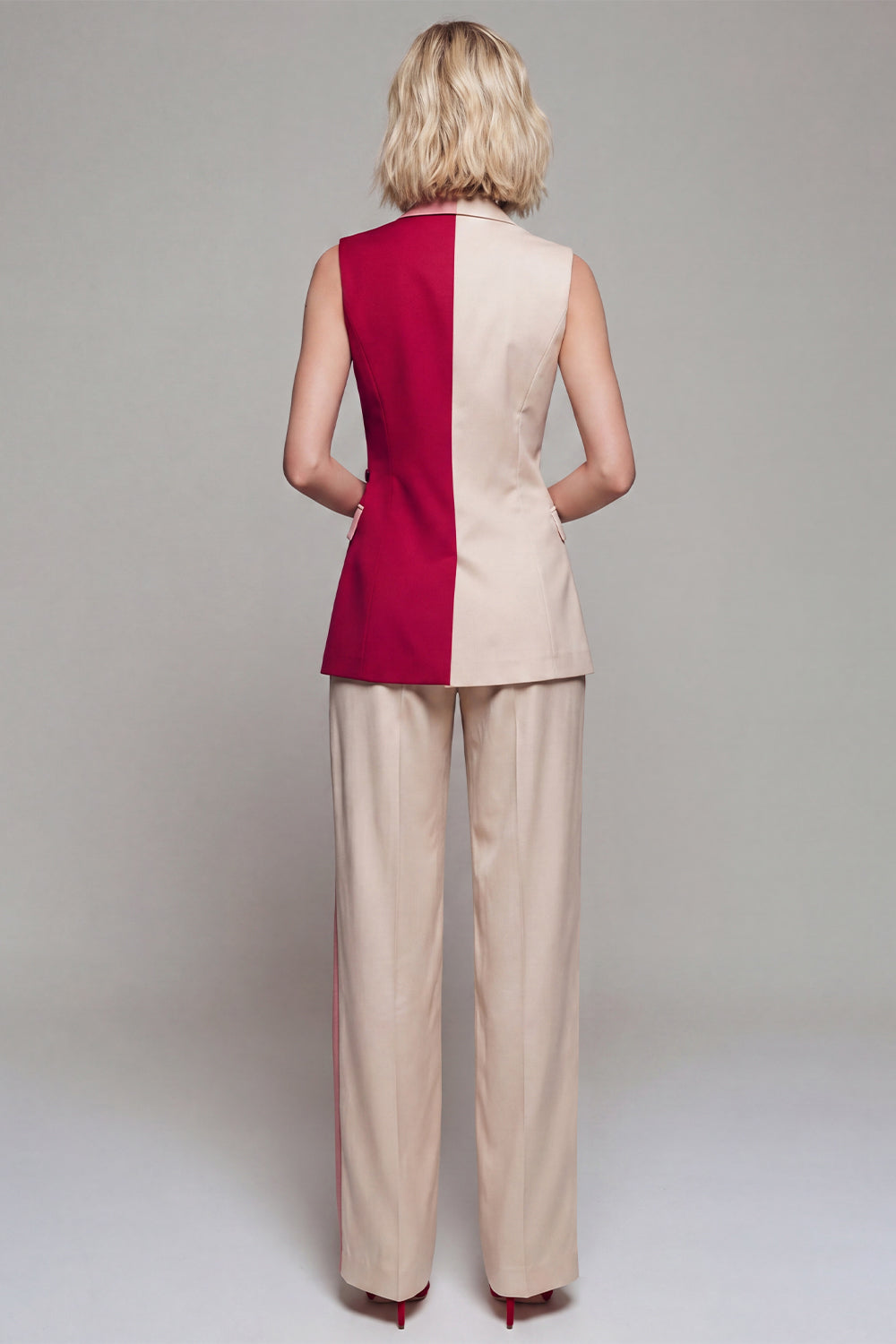 Notched Lapel ColorBlock Light Khaki 2 Piece Sleeveless Women Suits