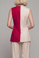Notched Lapel ColorBlock Light Khaki 2 Piece Sleeveless Women Suits