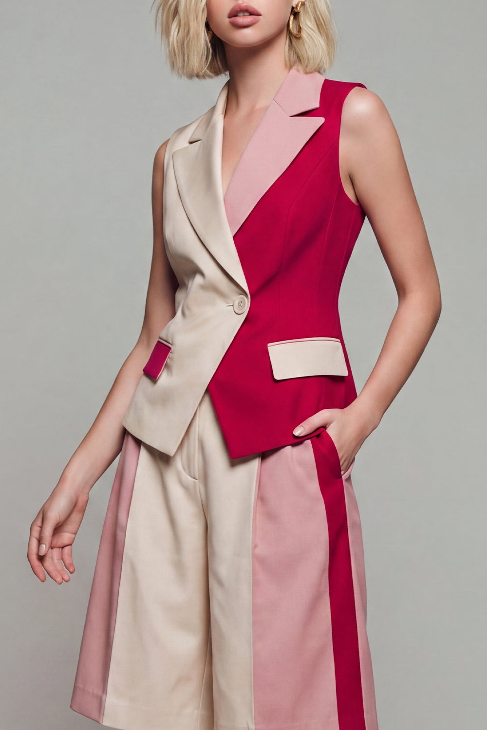 Peaked Lapel 2 Piece ColorBlock Light Khaki Women Suits