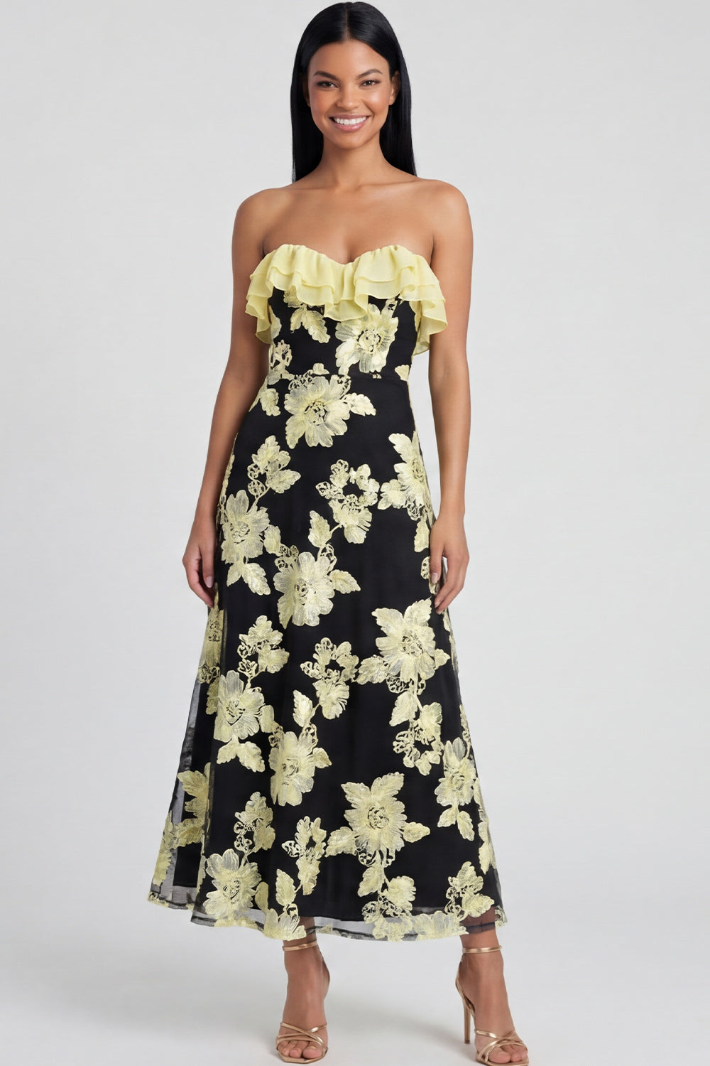 Strapless Ruffled A Line Floral Appliqued Yellow Wedding Guest Dress