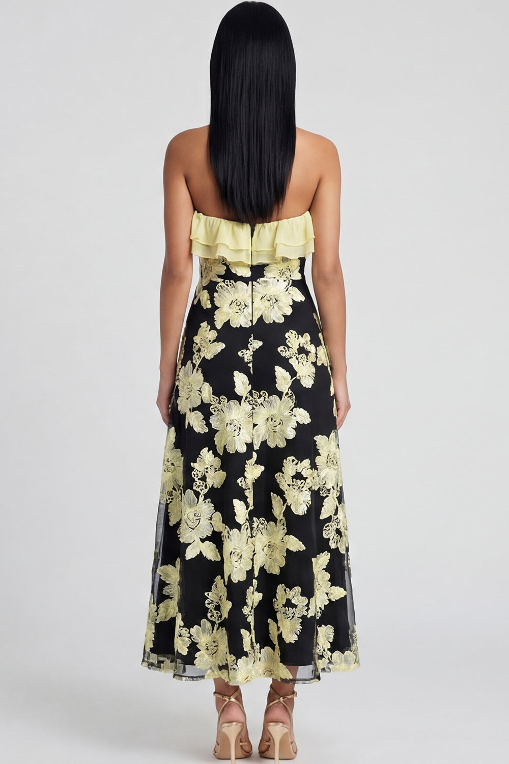 Strapless Ruffled A Line Floral Appliqued Yellow Wedding Guest Dress