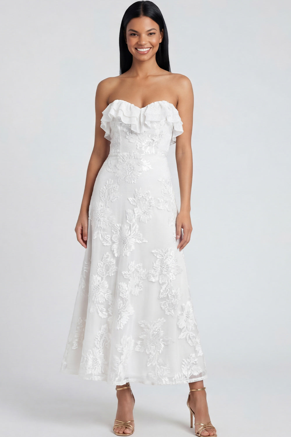 Strapless Ruffled A Line Floral Appliqued Yellow Wedding Guest Dress