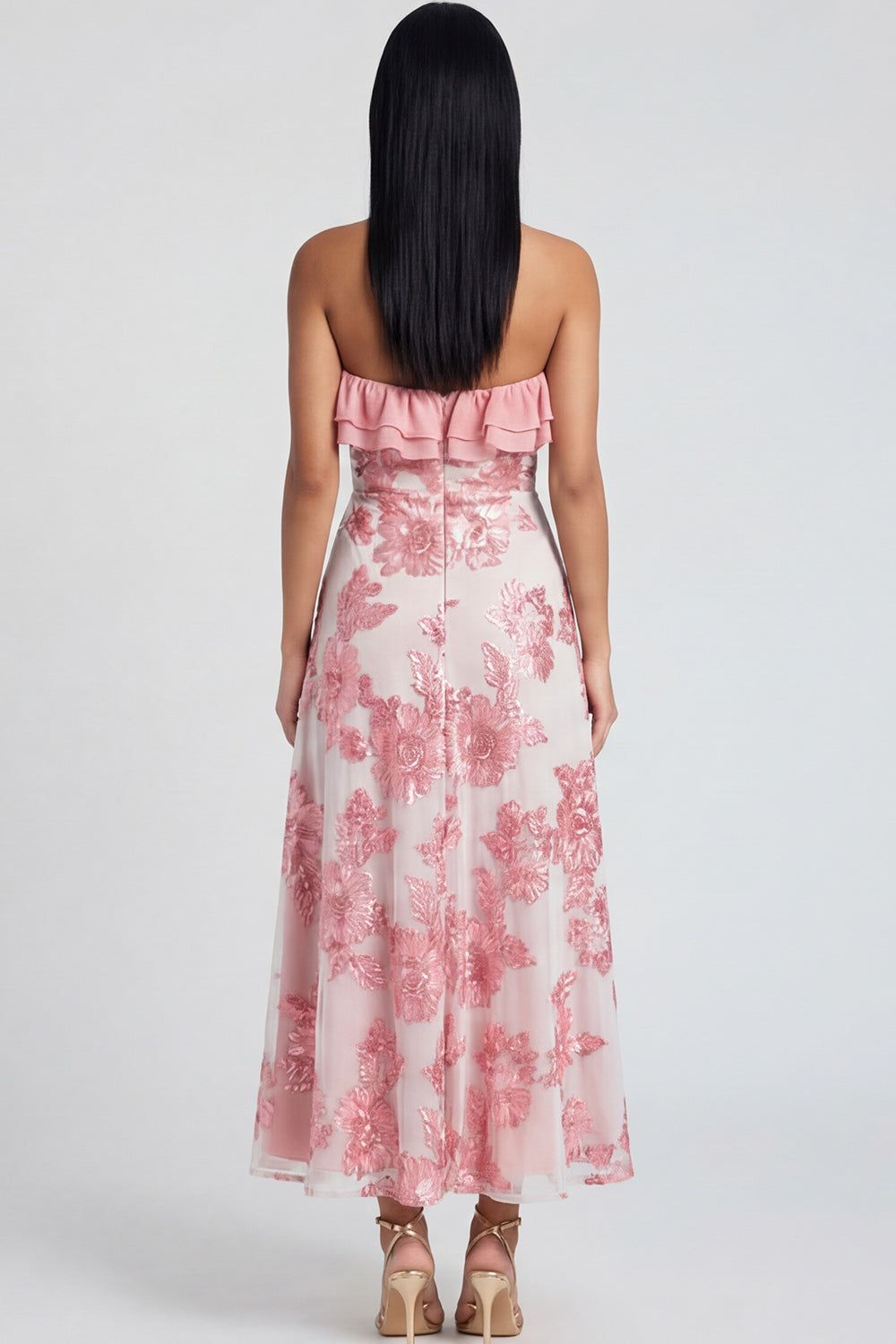 Strapless Ruffled A Line Floral Appliqued Yellow Wedding Guest Dress