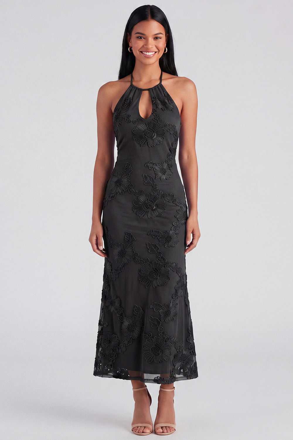 Blue Halter Cut Out Mermaid Floral Appliqued Wedding Guest Dress