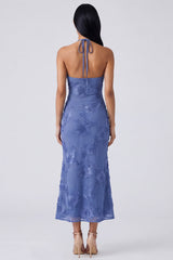 Blue Halter Cut Out Mermaid Floral Appliqued Wedding Guest Dress