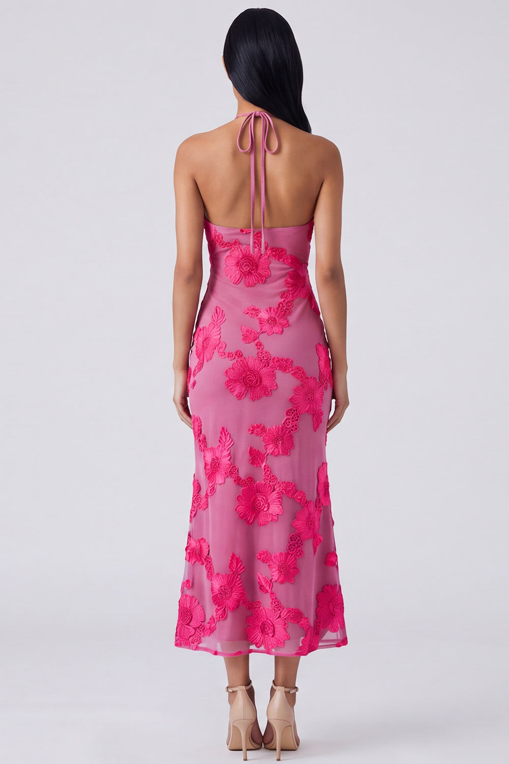 Blue Halter Cut Out Mermaid Floral Appliqued Wedding Guest Dress