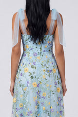 Blue Floral A Line Corset Embroidered Bowed Wedding Guest Dress