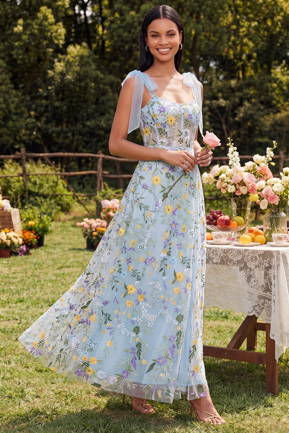 Blue Floral A Line Corset Embroidered Bowed Wedding Guest Dress
