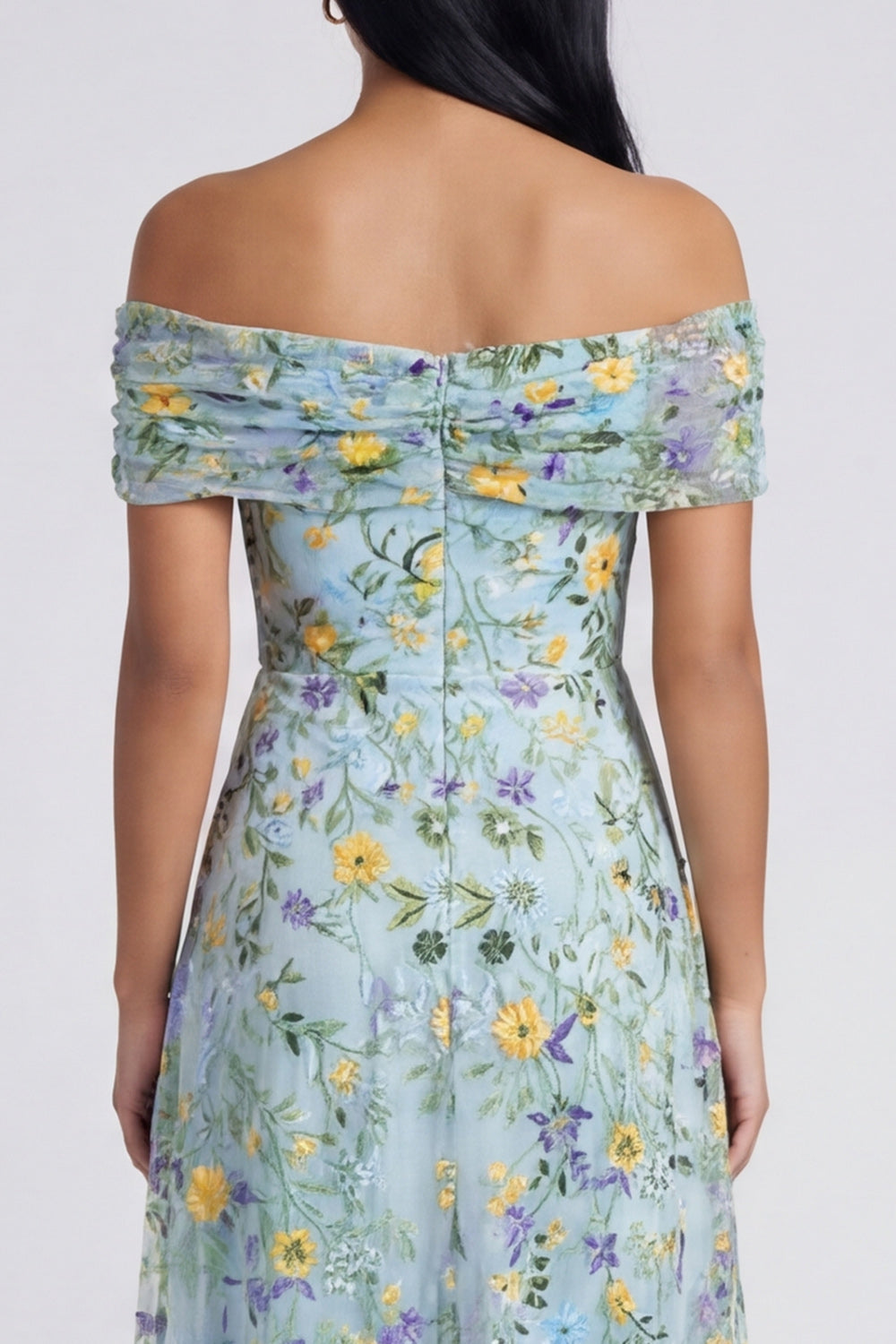 Off the Shoulder Floral Blue A Line Embroidered Wedding Guest Dress