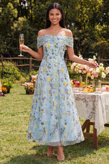 Off the Shoulder Floral Blue A Line Embroidered Wedding Guest Dress