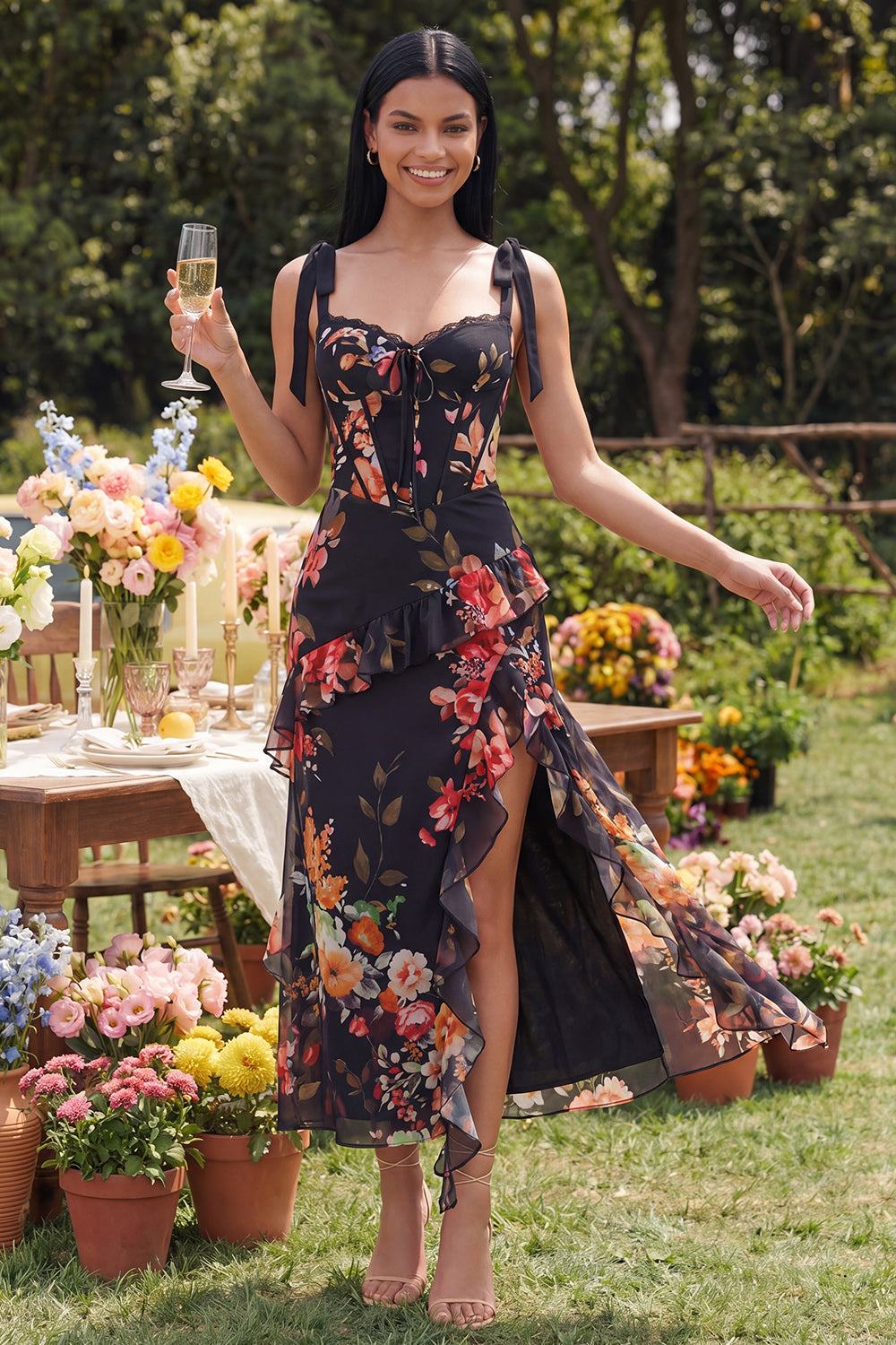 Ivory Printed Corset Sheath Bowed Wedding Guest Dress with Ruffles