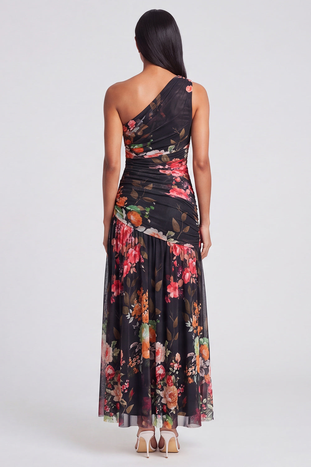 Ivory One Shoulder Ruched Printed A Line Wedding Guest Dress