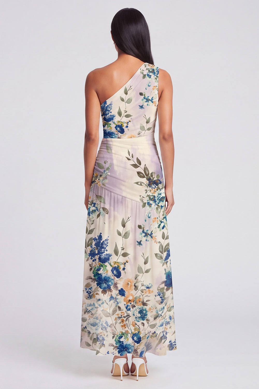 Ivory One Shoulder Ruched Printed A Line Wedding Guest Dress