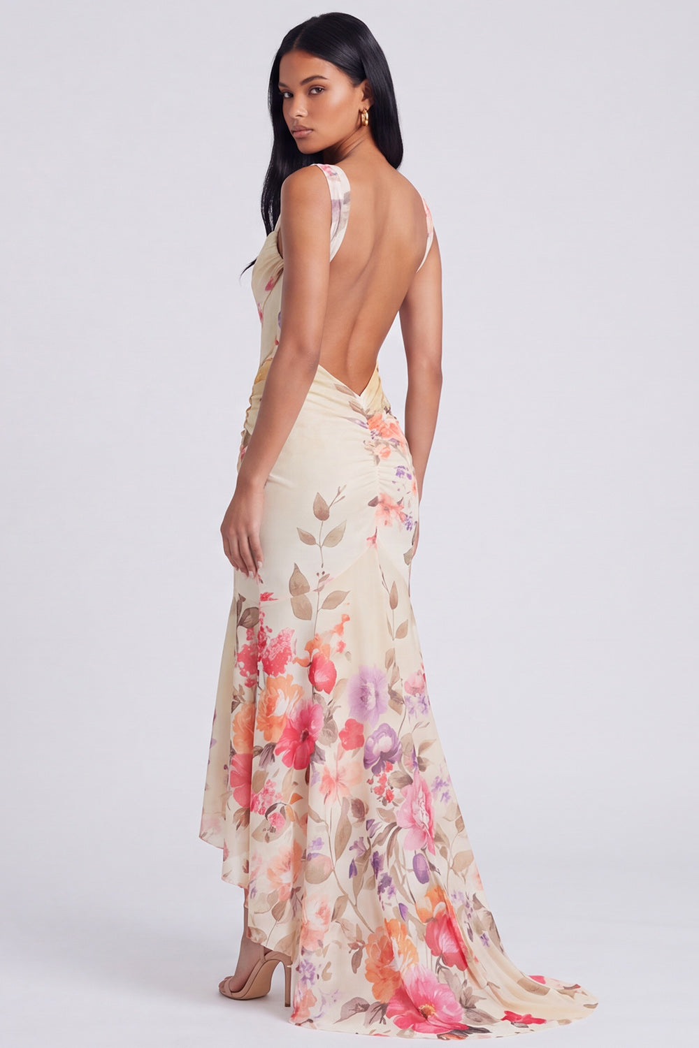 High Low Ivory Mermaid Ruched Printed Corset Wedding Guest Dress