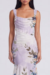 High Low Ivory Mermaid Ruched Printed Corset Wedding Guest Dress
