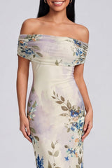 Off the Shoulder Ivory Ruched Printed Bodycon Wedding Guest Dress