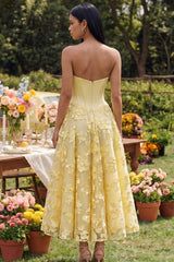 Yellow Strapless Appliqued A Line Corset Wedding Guest Dress