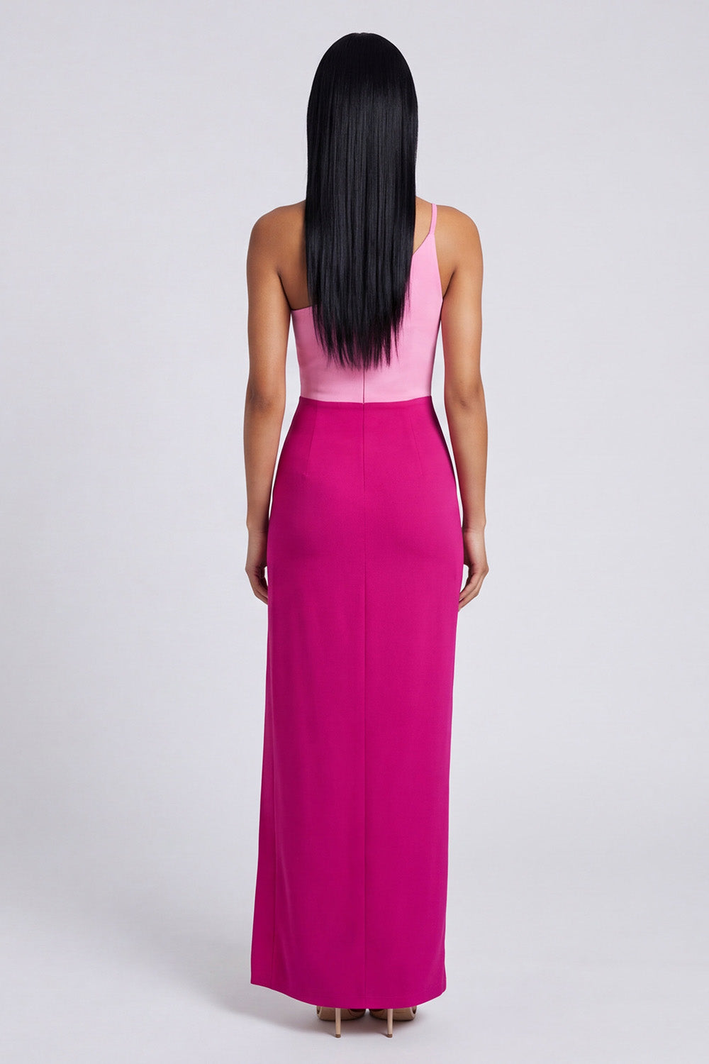 One Shoulder ColorBlock Pink and Fuchsia Sheath Formal Dress