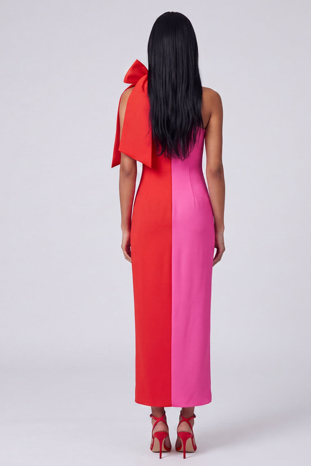 One Shoulder Bodycon ColorBlock Fuchsia and Red Formal Dress