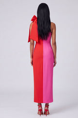 One Shoulder Bodycon ColorBlock Fuchsia and Red Formal Dress