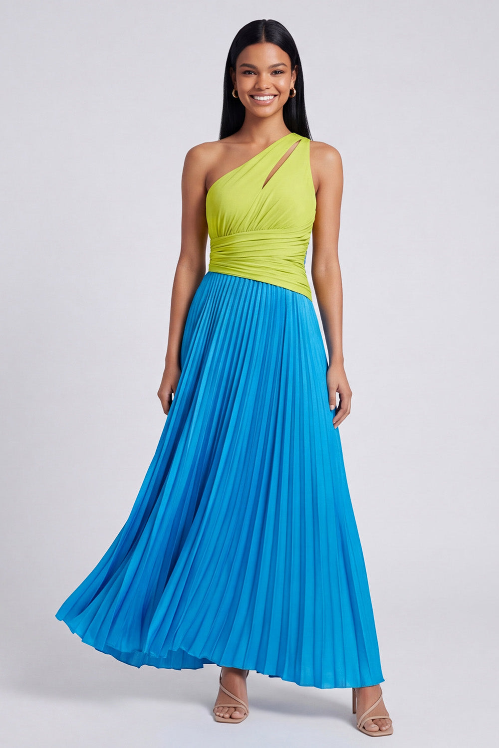 ColorBlock One Shoulder Pleated Green and Blue A Line Formal Dress