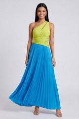 ColorBlock One Shoulder Pleated Green and Blue A Line Formal Dress