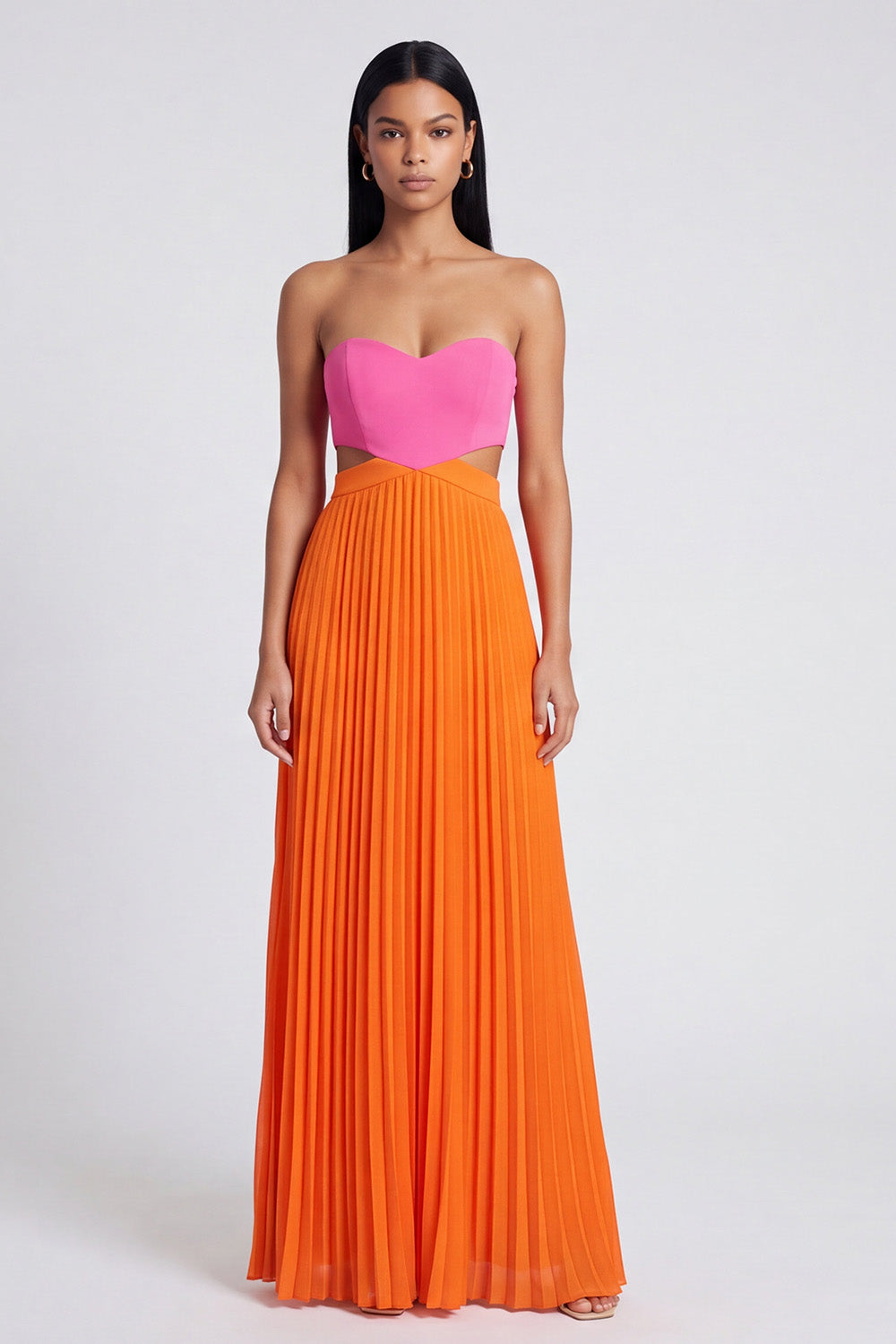 Strapless ColorBlock Pleated Pink and Orange A Line Formal Dress